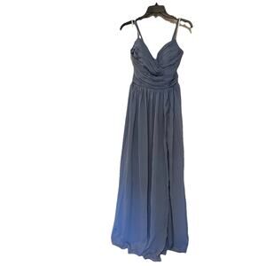 New Pleated Chiffon Dress ALine VNeck Formal Occassion Blue Corset Bridesmaid